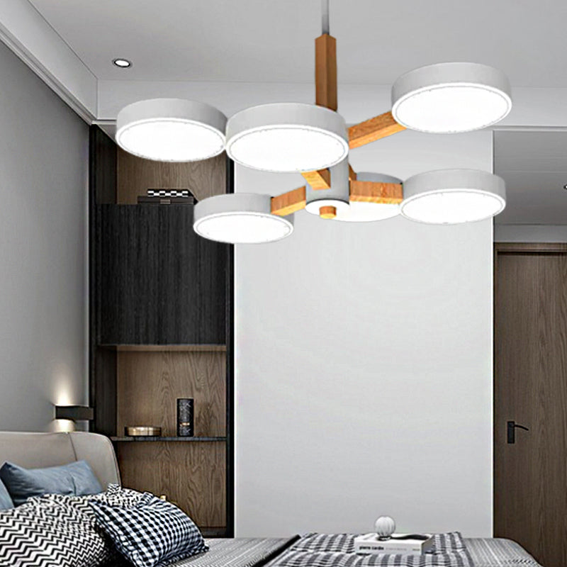 Modern Nordic Hanging Light: Acrylic & Wood Round Chandelier For Living Room