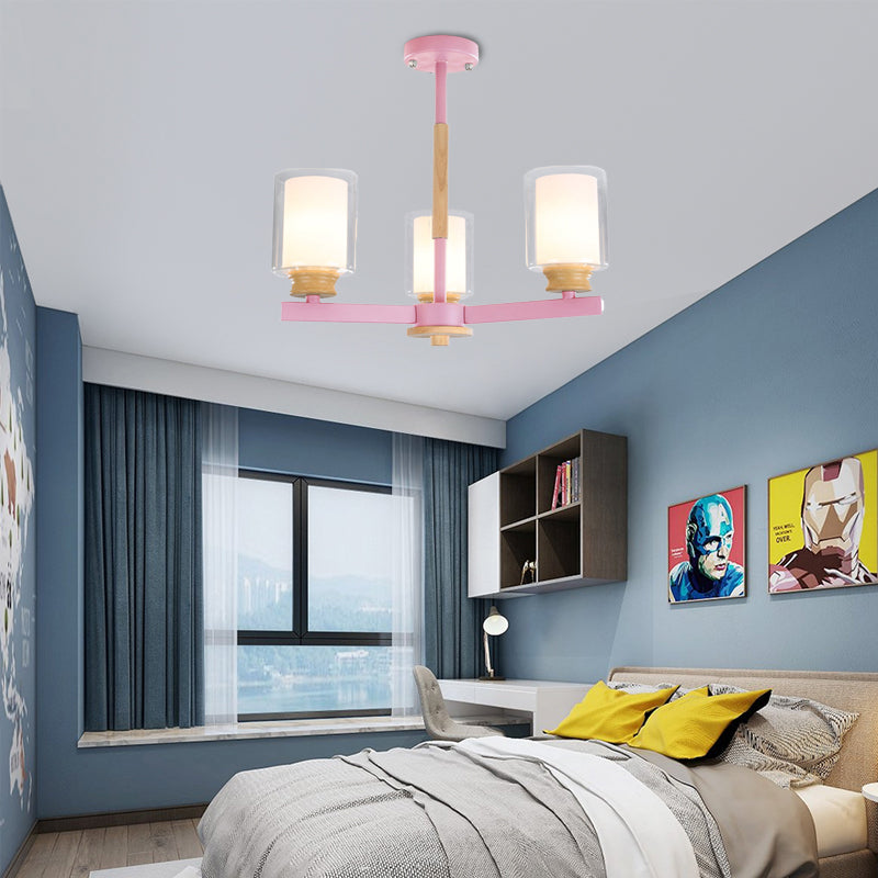 Metallic Macaron-Style Chandelier For Kids Bedroom With Cylindrical Shade Suspension Light 3 / Pink