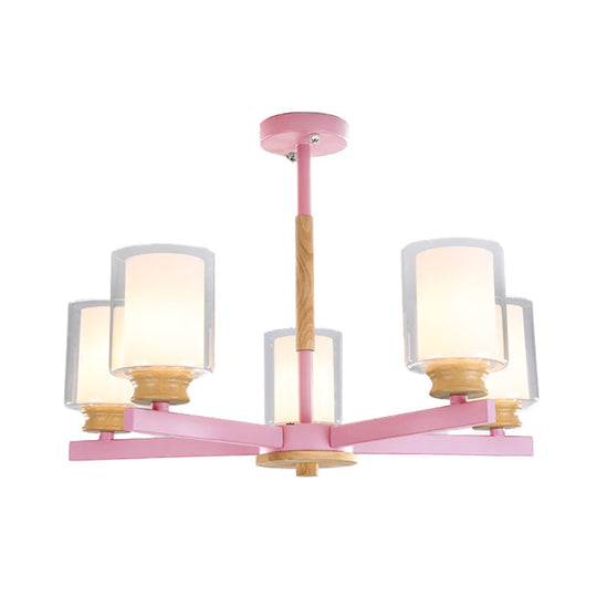 Metallic Macaron-Style Chandelier For Kids Bedroom With Cylindrical Shade Suspension Light