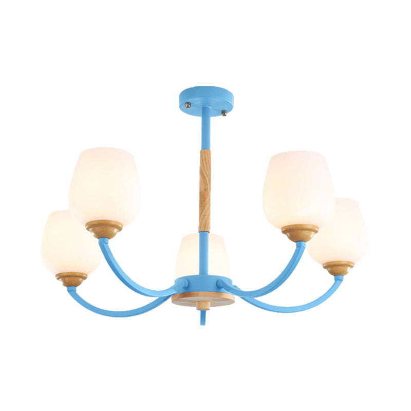 Macaron-Inspired Candy Colored Chandelier With Milk Glass & Metal Hanging Light