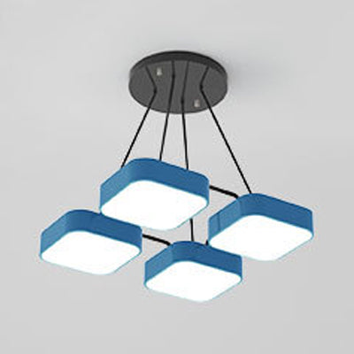 Acrylic Macaron Style Pendant Light For Kindergartens: Square Shade Chandelier 4 / Blue