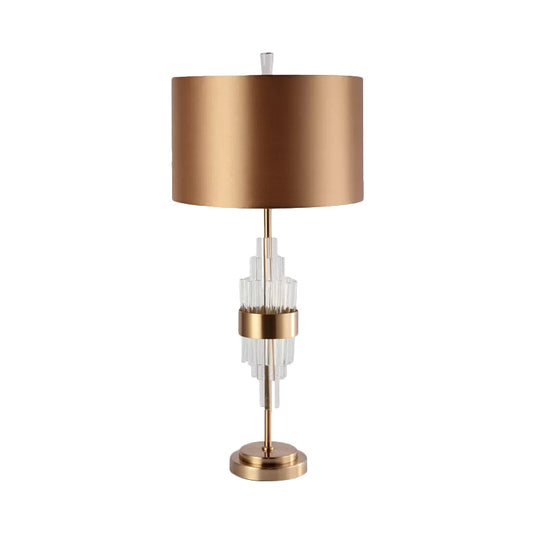 Golden Fabric Desk Lamp With Crystal Bar - Modern Straight Sided Shade Table Light