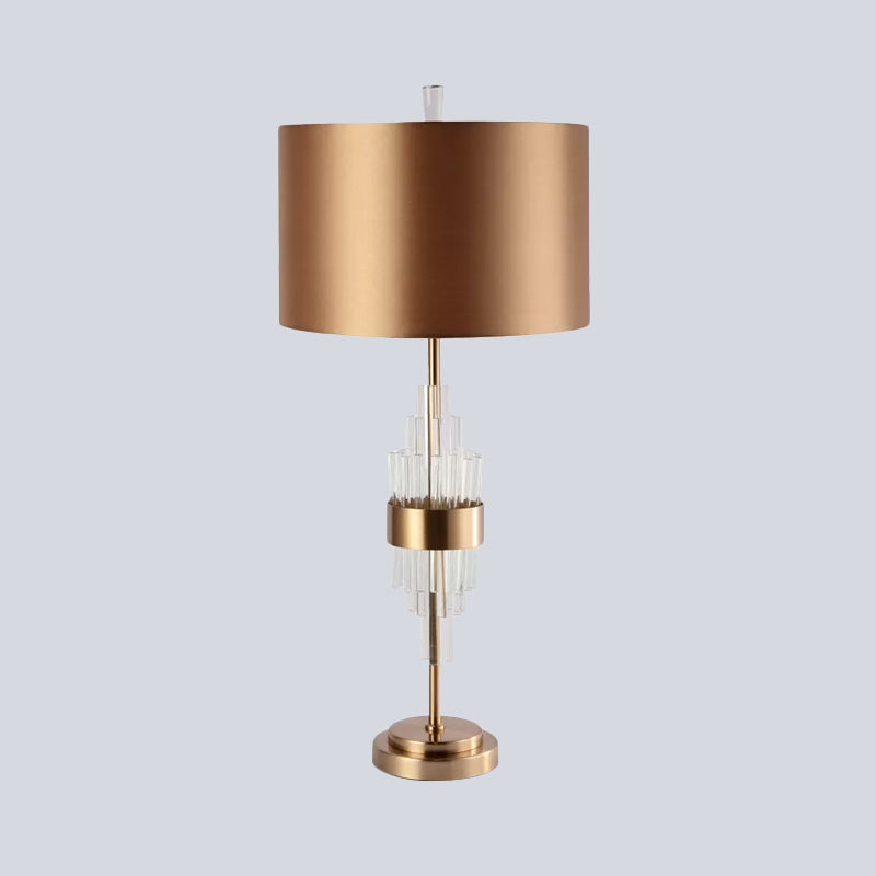 Golden Fabric Desk Lamp With Crystal Bar - Modern Straight Sided Shade Table Light