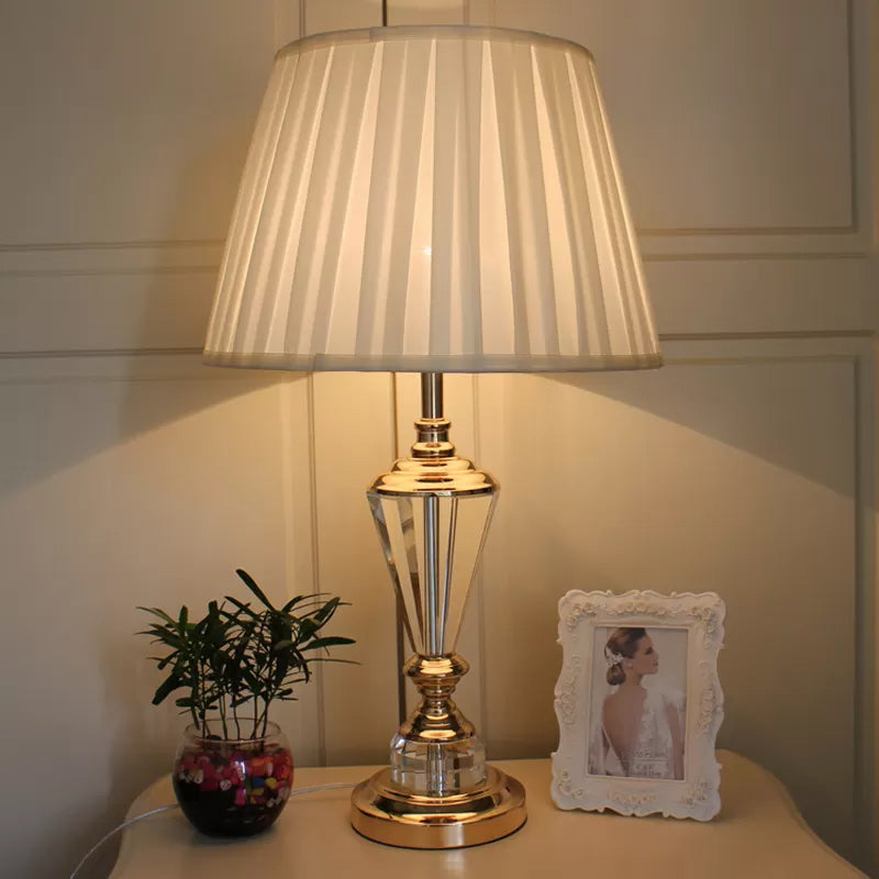 Contemporary White Fabric Study Lamp - Tapered Head Crystal Beveled Font Perfect For Reading