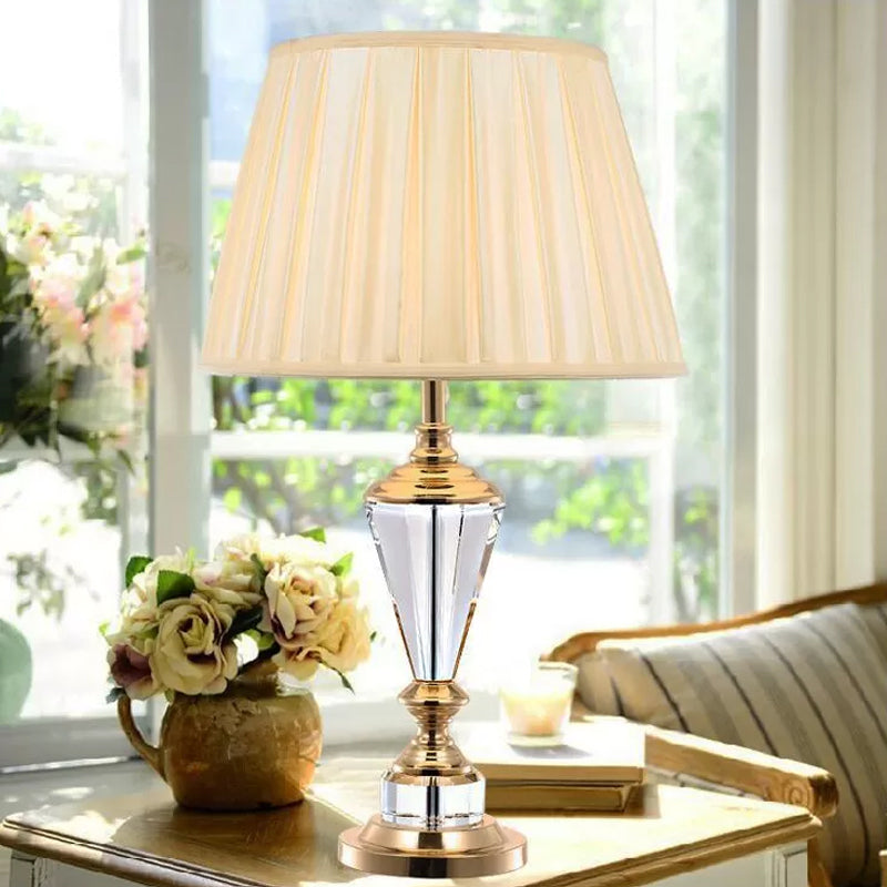 Contemporary White Fabric Study Lamp - Tapered Head Crystal Beveled Font Perfect For Reading