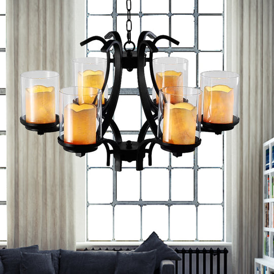 6-Light Country Black Chandelier With Marble And Glass Shades For Dining Room Ceiling