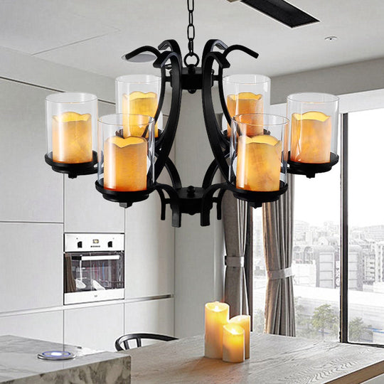 6-Light Country Black Chandelier With Marble And Glass Shades For Dining Room Ceiling