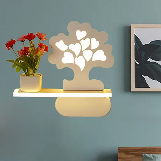 Modern Tree Wall Light With Acrylic Shelf - White Ideal For Kids Bedroom