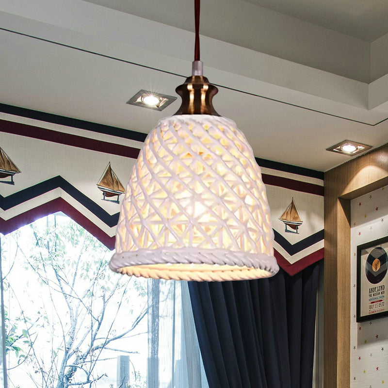 Modern Ceramic Pendant Lamp For Restaurants - Stylish Domed Basket Design 1 Head Hanging Light