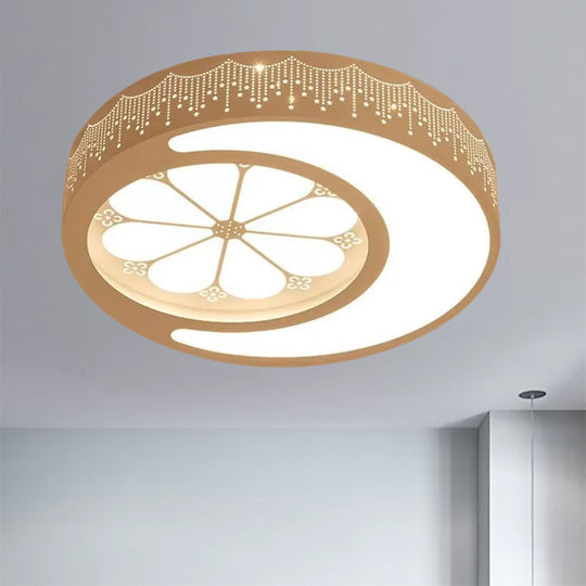 Children's Metallic Ceiling Lamp: Circular LED Flush Mount Light with Crescent and Flower Design for Girl's Bedroom