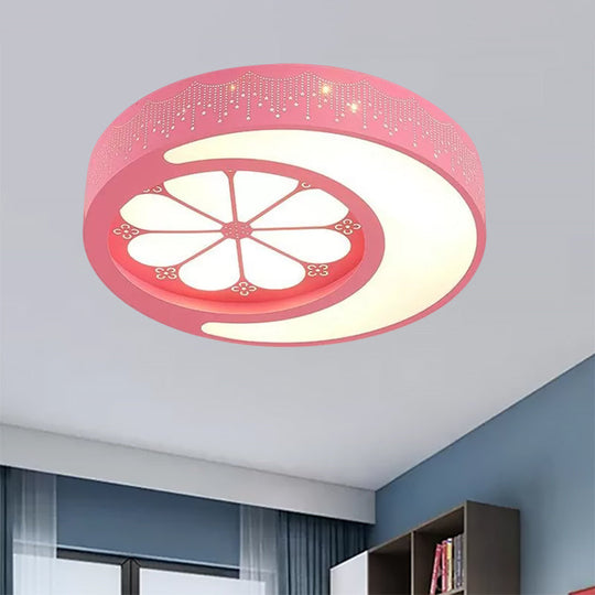 Children's Metallic Ceiling Lamp: Circular LED Flush Mount Light with Crescent and Flower Design for Girl's Bedroom