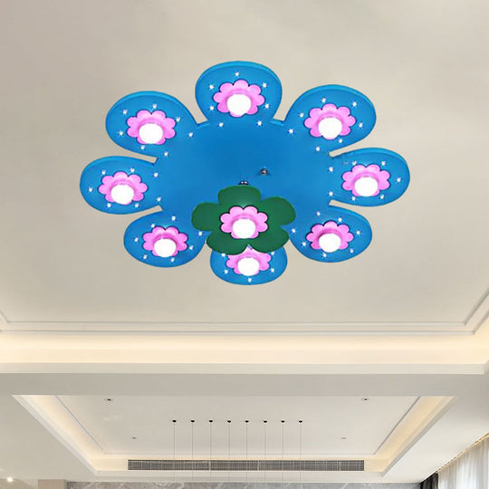 9-Light Flower Flush Mount Kids Wood Ceiling Lamp for Nursing Room and Girl's Bedroom