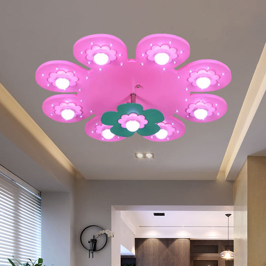 9-Light Flower Flush Mount Kids Wood Ceiling Lamp for Nursing Room and Girl's Bedroom