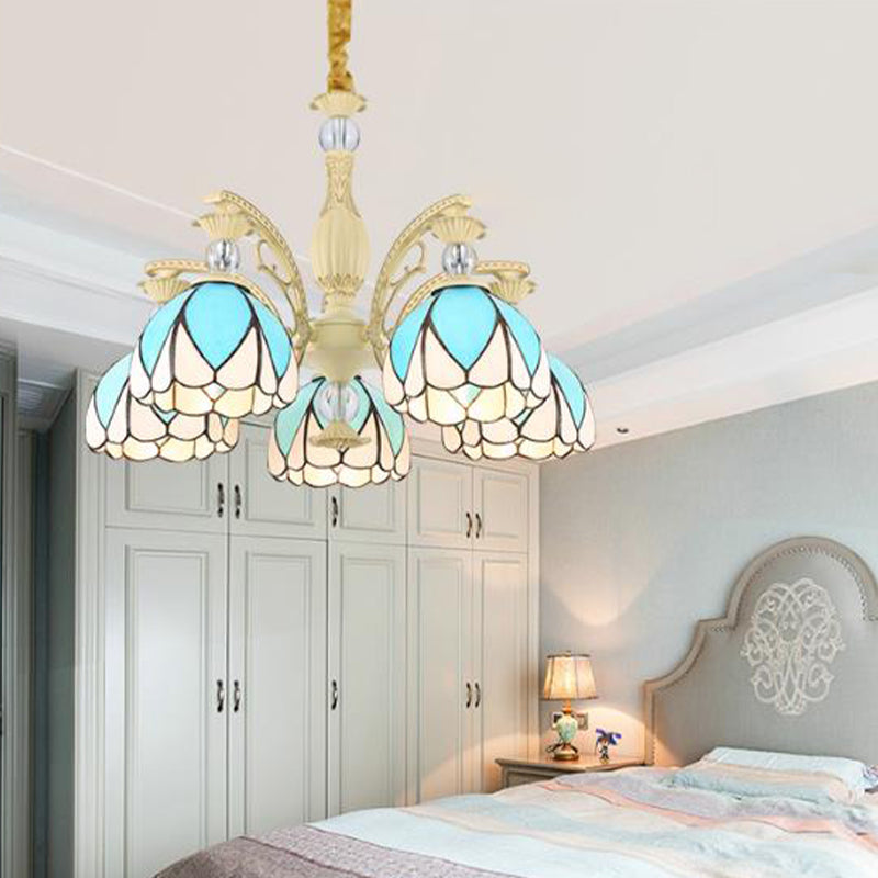 Tiffany Style Dome Chandelier with Blue Down Lighting - 3/6/9 Lights for Bedroom