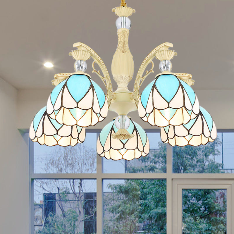 Tiffany Style Dome Chandelier with Blue Down Lighting - 3/6/9 Lights for Bedroom