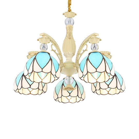 Tiffany Style Dome Chandelier with Blue Down Lighting - 3/6/9 Lights for Bedroom