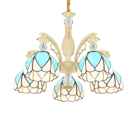 Sky Blue Tiffany Style Dome Chandelier Pendant - 3/6/9 Lights For Bedroom Lighting