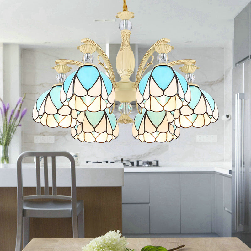 Tiffany Style Dome Chandelier with Blue Down Lighting - 3/6/9 Lights for Bedroom