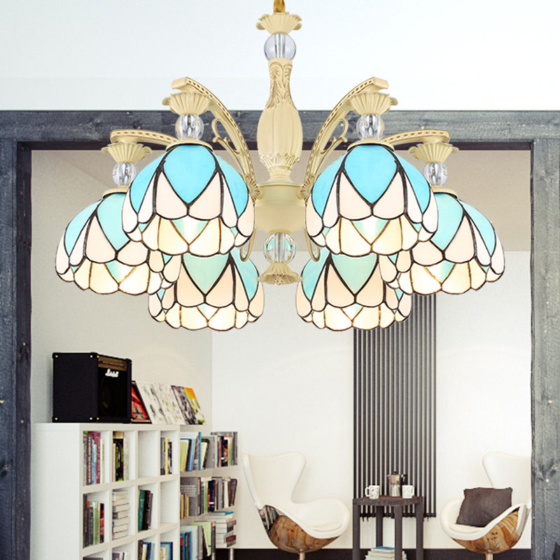 Tiffany Style Dome Chandelier with Blue Down Lighting - 3/6/9 Lights for Bedroom