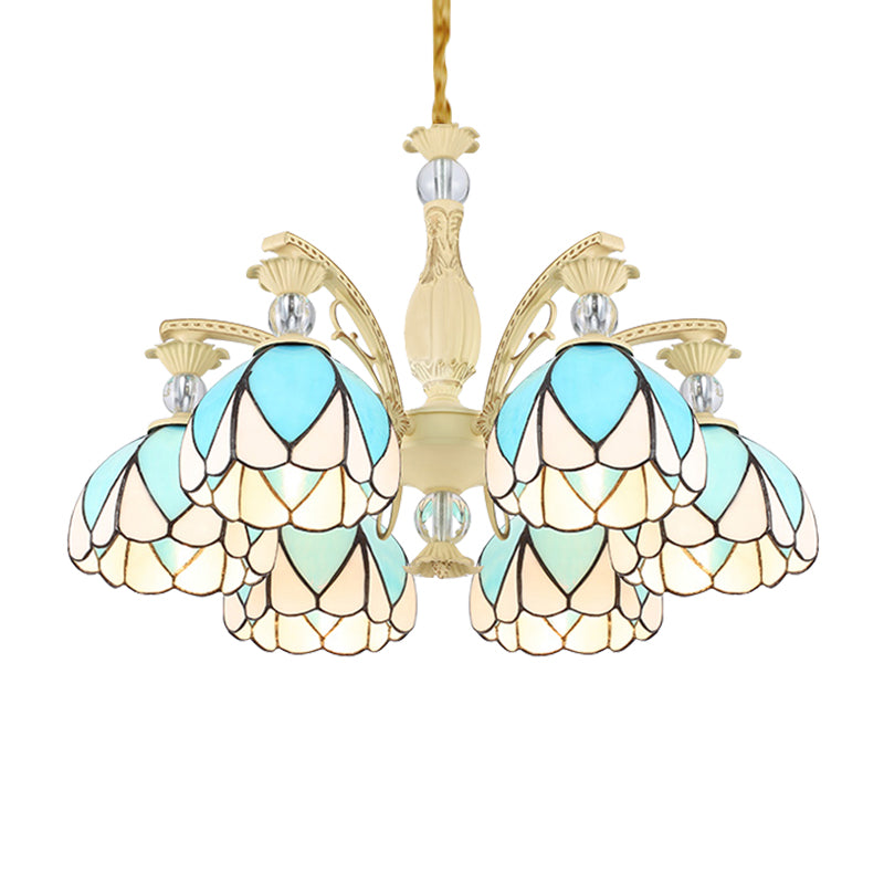 Tiffany Style Dome Chandelier with Blue Down Lighting - 3/6/9 Lights for Bedroom