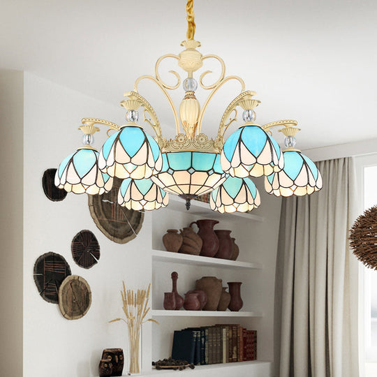 Tiffany Style Dome Chandelier with Blue Down Lighting - 3/6/9 Lights for Bedroom