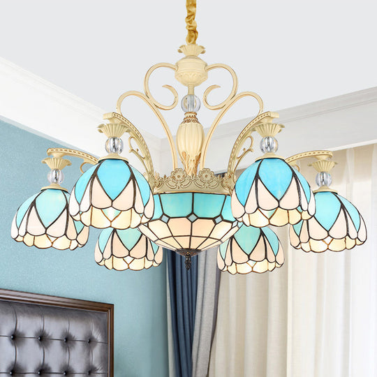 Tiffany Style Dome Chandelier with Blue Down Lighting - 3/6/9 Lights for Bedroom