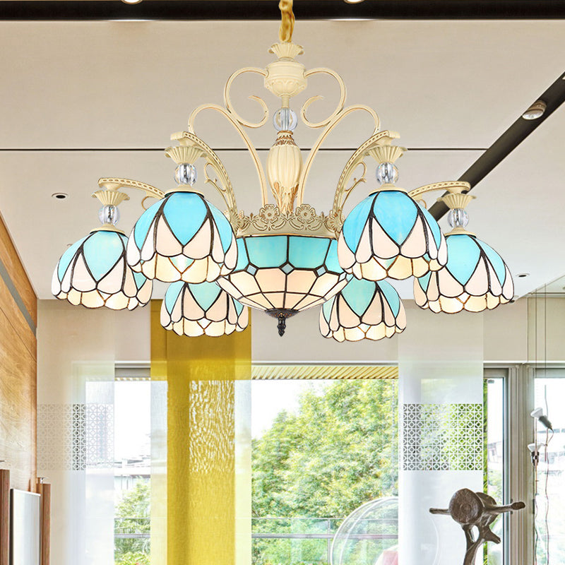 Sky Blue Tiffany Style Dome Chandelier Pendant - 3/6/9 Lights For Bedroom Lighting