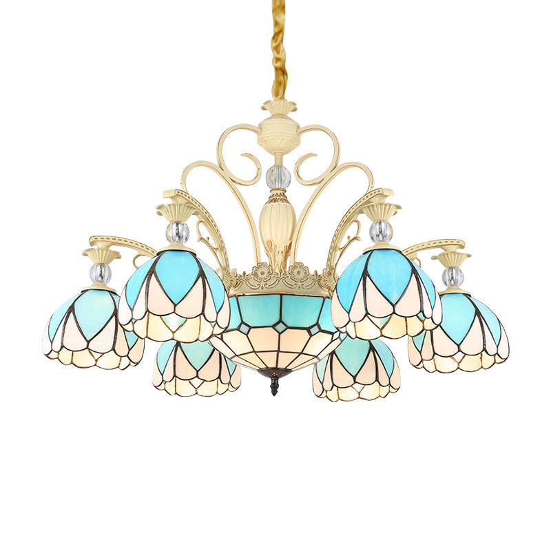 Tiffany Style Dome Chandelier with Blue Down Lighting - 3/6/9 Lights for Bedroom