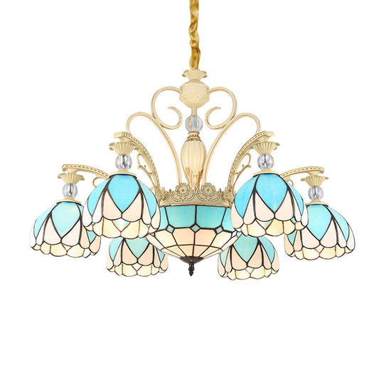 Tiffany Style Dome Chandelier with Blue Down Lighting - 3/6/9 Lights for Bedroom