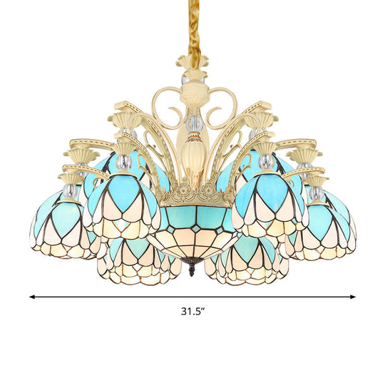 Tiffany Style Dome Chandelier with Blue Down Lighting - 3/6/9 Lights for Bedroom