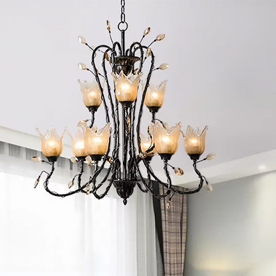 Country-Inspired Amber Glass Flower Pendant Chandelier - Black 9-Light Fixture For Dining Room