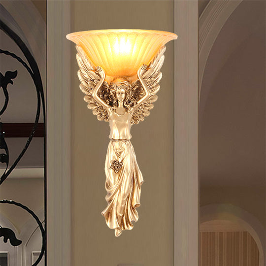 Vintage Style Gold Resin Wall Sconce With Frosted Glass Shade And Angel Design