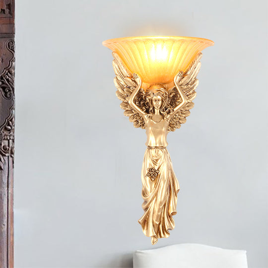 Vintage Style Gold Resin Wall Sconce With Frosted Glass Shade And Angel Design