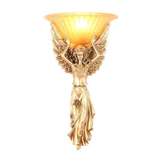 Vintage Style Gold Resin Wall Sconce With Frosted Glass Shade And Angel Design