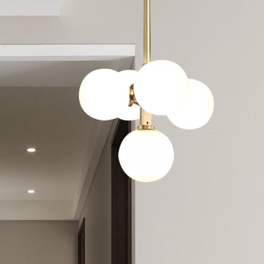 Modern Brass Round Hanging Chandelier With 5 White Frosted Glass Led Pendant Lights