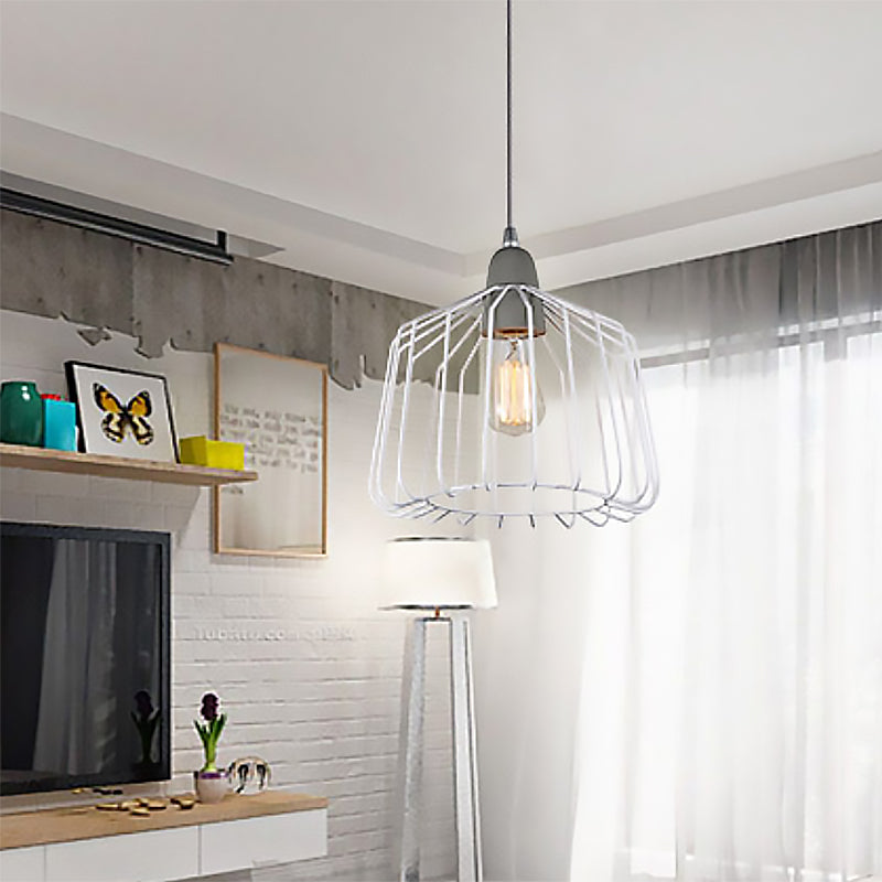 White Metallic Pendulum Light - Minimalist Cage Shade - Bedroom Hanging Lamp Kit