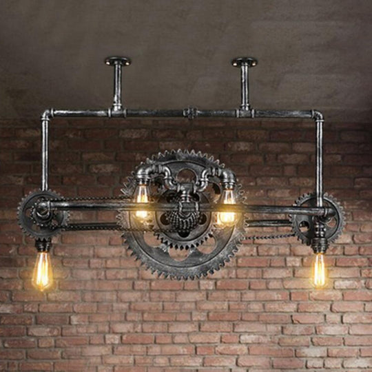 Coastal 6-Light Metal Island Pendant With Gear Design In Silver Gray