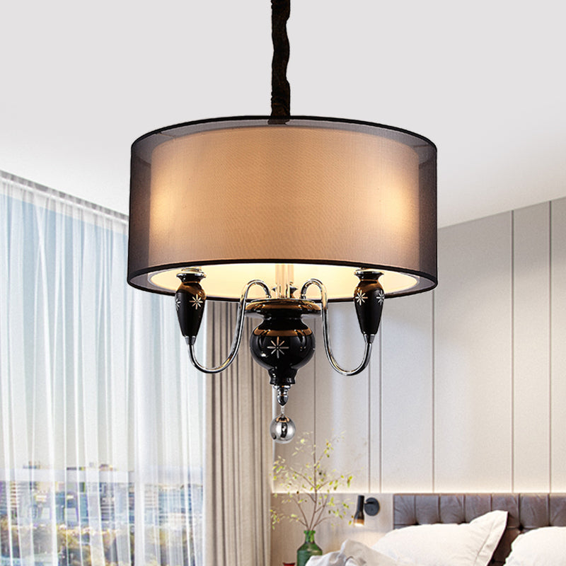 Classic Black Drum Pendant Light - 3-Light Fabric Chandelier For Dining Room Fixture