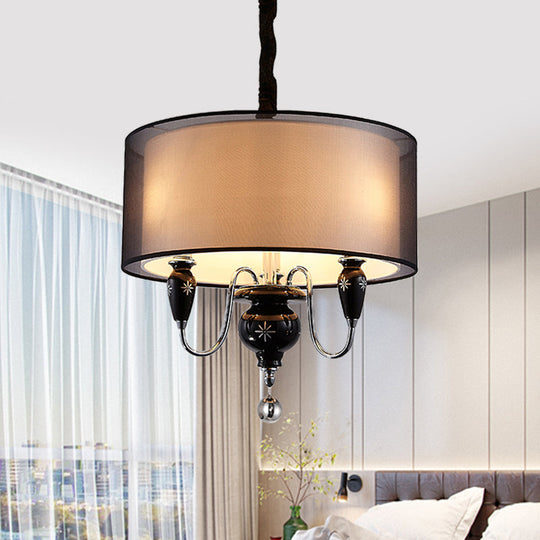 Classic Black Drum Pendant Light - 3-Light Fabric Chandelier For Dining Room Fixture