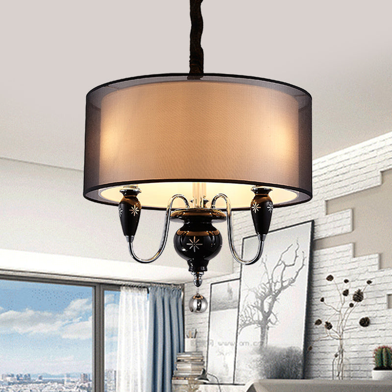 Classic Black Drum Pendant Light - 3-Light Fabric Chandelier For Dining Room Fixture