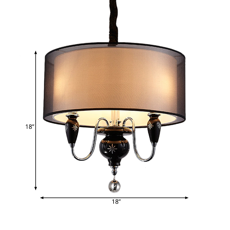 Classic Black Drum Pendant Light - 3-Light Fabric Chandelier For Dining Room Fixture