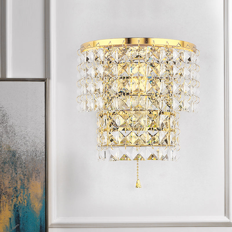 Vintage Style Crystal Wall Sconce With Double Layers & Chrome/Gold Finish - 1 Light Square Shape