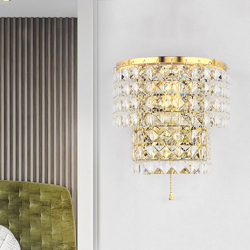 Vintage Style Crystal Wall Sconce With Double Layers & Chrome/Gold Finish - 1 Light Square Shape