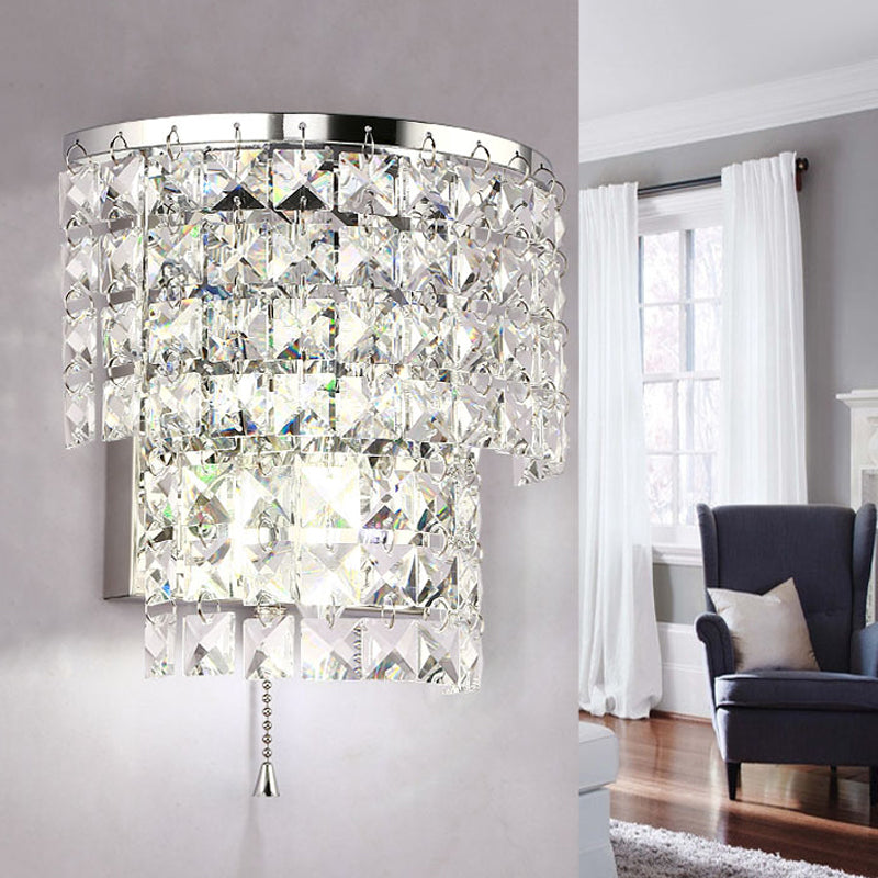 Vintage Style Crystal Wall Sconce With Double Layers & Chrome/Gold Finish - 1 Light Square Shape