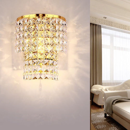 Vintage Style Crystal Wall Sconce With Double Layers & Chrome/Gold Finish - 1 Light Square Shape