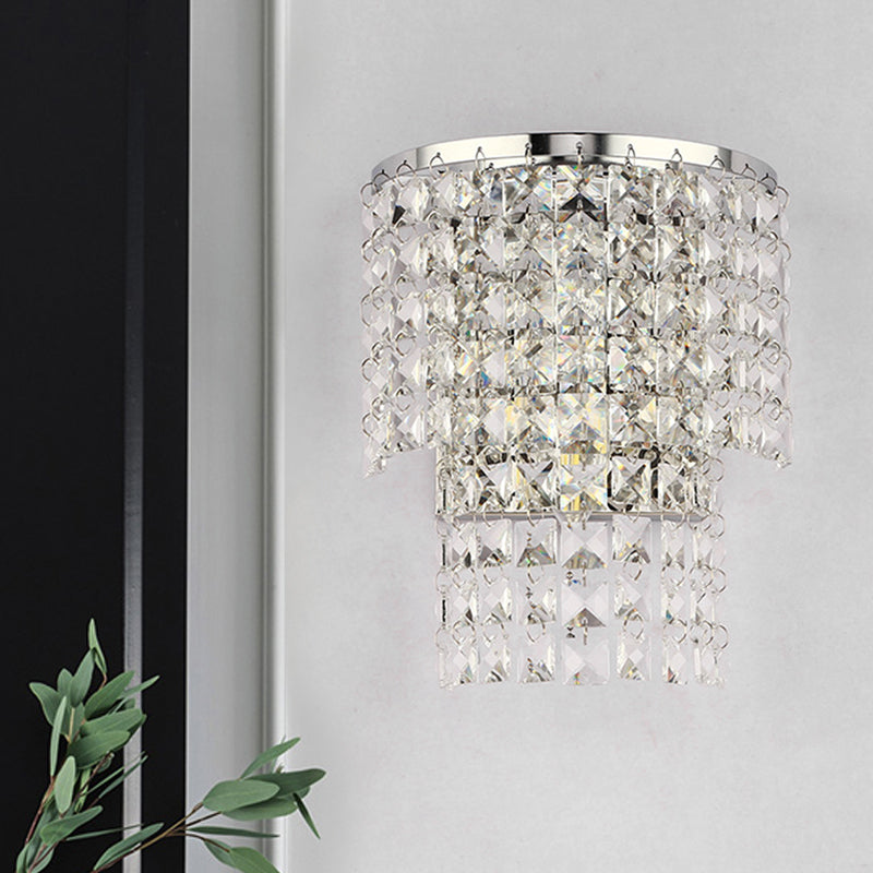 Vintage Style Crystal Wall Sconce With Double Layers & Chrome/Gold Finish - 1 Light Square Shape