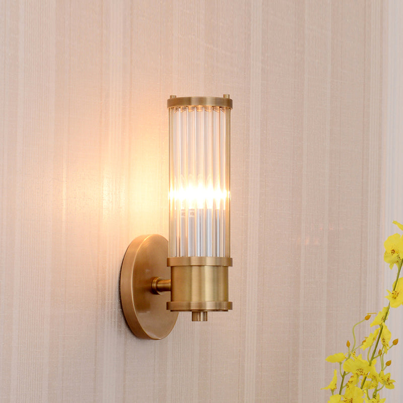 Golden Cylindrical Crystal Wall Sconce - Modernist 1/2-Light Corridor Fixture