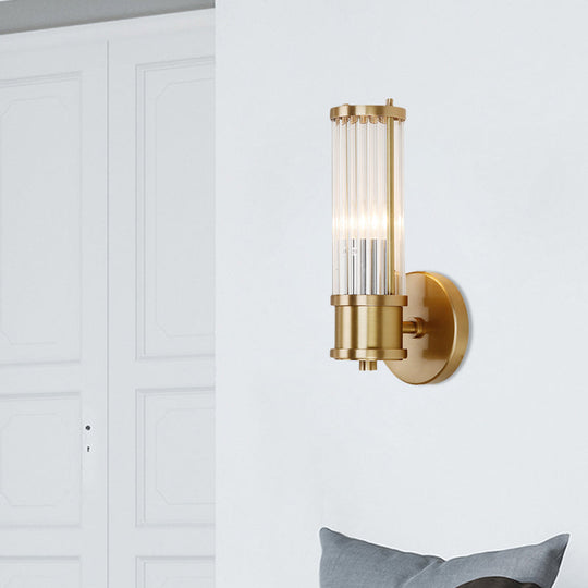 Golden Cylindrical Crystal Wall Sconce - Modernist 1/2-Light Corridor Fixture