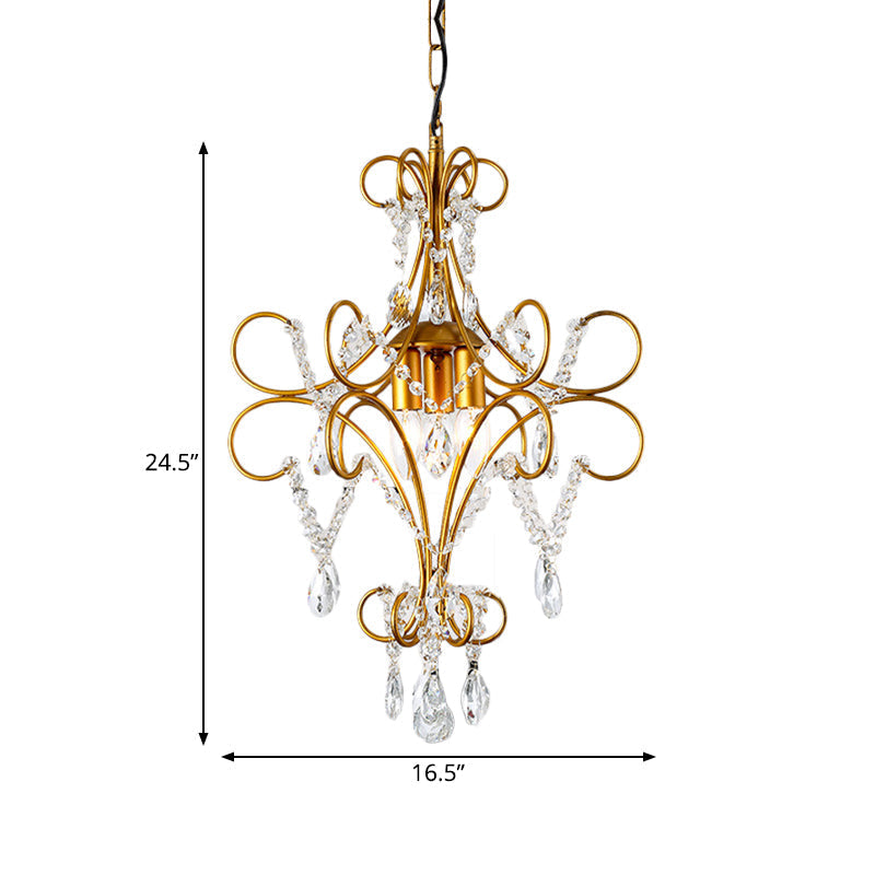 Modern Gold Bent Arm Chandelier Light with Glass Strand - 3-Light Iron Hanging Ceiling Fixture