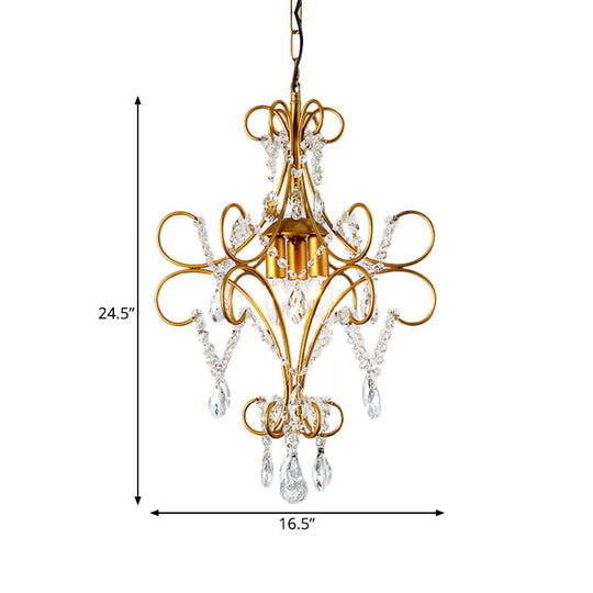 Modern Gold Bent Arm Chandelier Light with Glass Strand - 3-Light Iron Hanging Ceiling Fixture